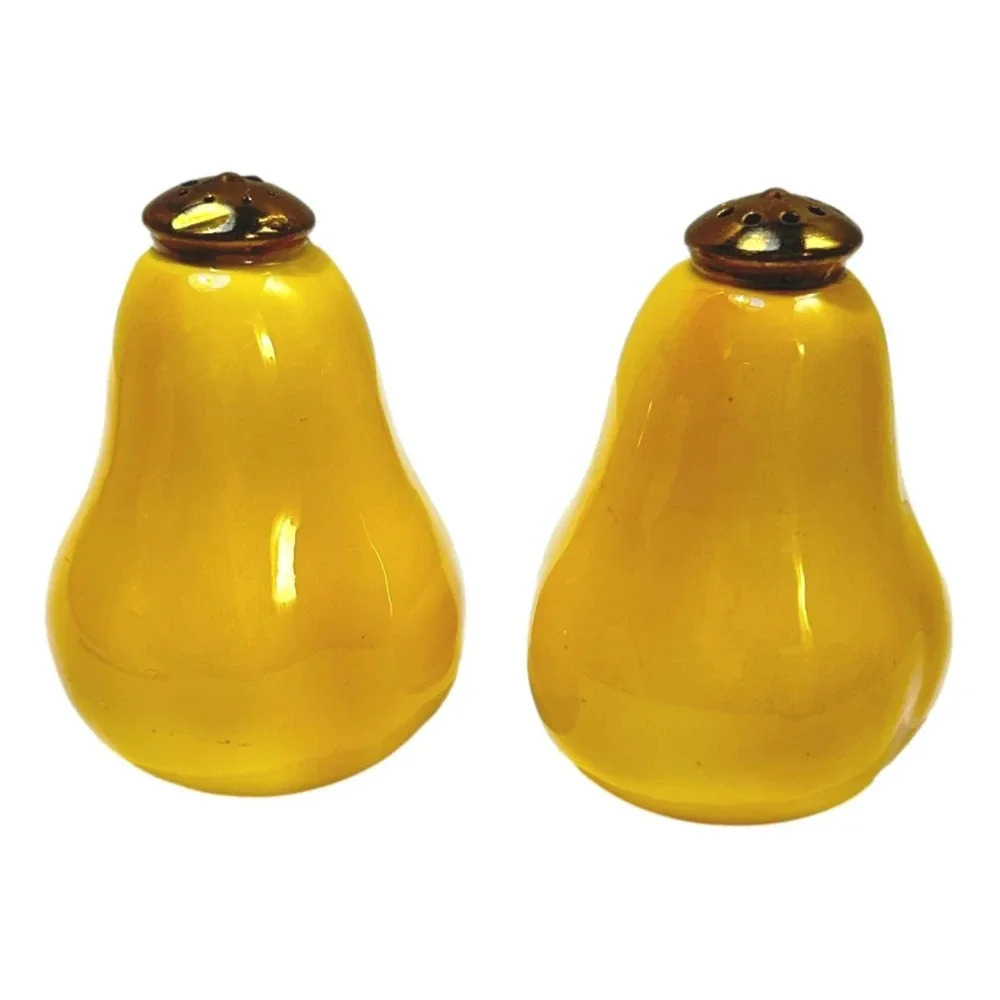 Vintage Salt Pepper‎ Yellow  Pears Ceramic Metal Tops Japan 1950s